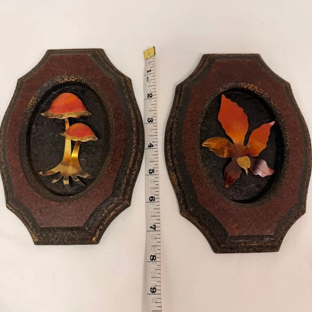 Vintage 3D Mushroom and Leaf Wood Wall Art Plaques Set 2 MCM Nature Metal Decor